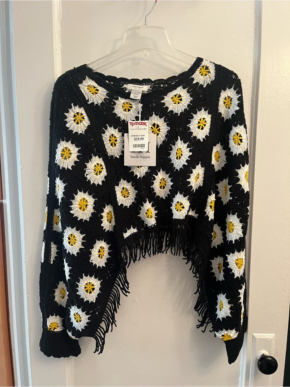 Haute Hippie Black Daisy Crochet Fringe Sweater poncho